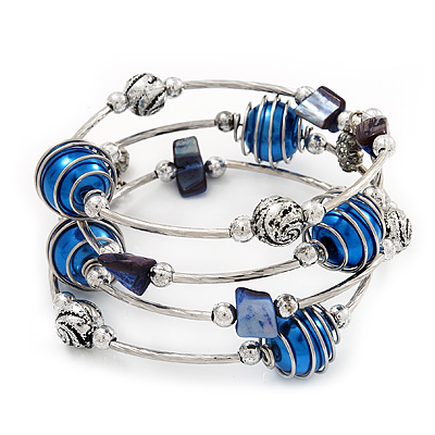 Silver-Tone Beaded Multistrand Flex Bracelet (Navy Blue)
