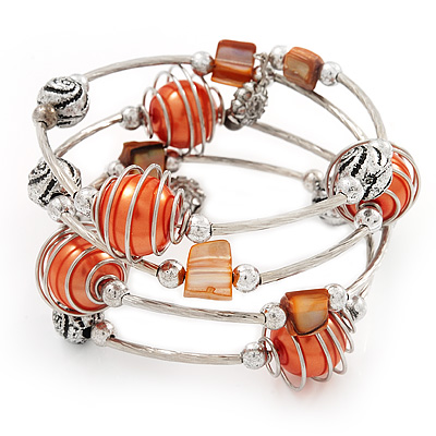 Silver-Tone Beaded Multistrand Flex Bracelet (Orange) - main view