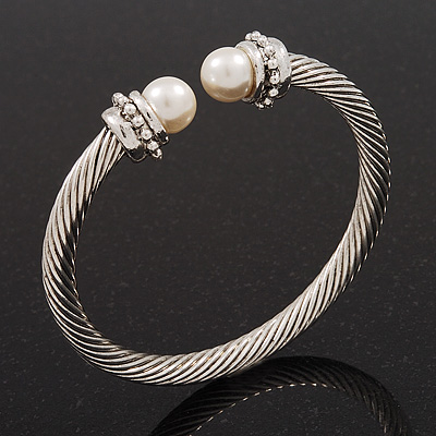 Silver Plated Twisted Simulated Pearl Cuff Bangle - Adjustable - main view