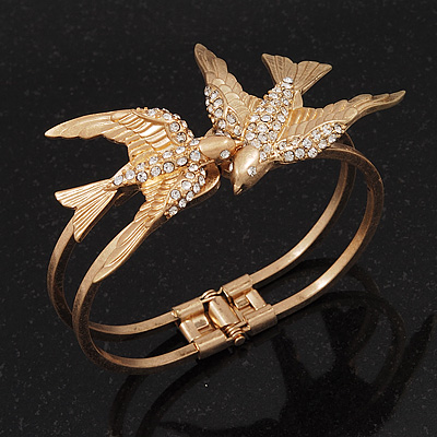 Diamante 'Swallow' Hinged Bangle Bracelet In Matt Gold Metal - up to 19cm wrist - main view