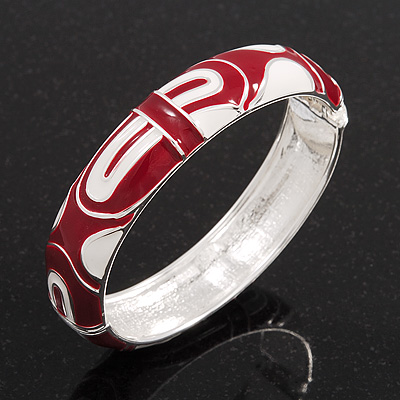Red/White Geometric Enamel Hinged Bangle Bracelet In Rhodium Plated Metal - 18cm Length - main view