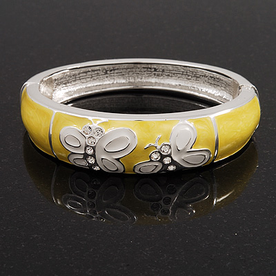 Yellow/White Enamel Hinged Butterfly Bangle In Rhodium Plated Metal - about 18cm Length - main view