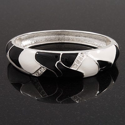 Black/White Enamel Diamante Hinged Bangle Bracelet In Rhodium Plated Metal - 18cm Length - main view
