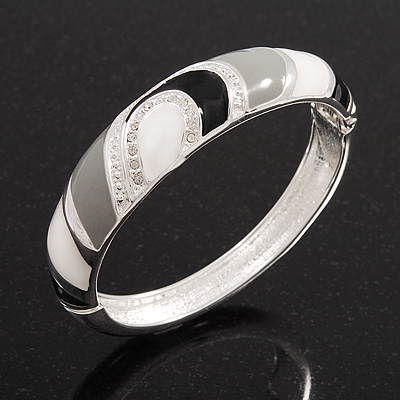 Black/White/Grey Enamel Diamante Hinged Bangle Bracelet In Rhodium Plated Metal - 18cm Length - main view