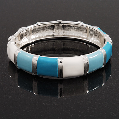 Light Blue/White Enamel Hinged Bangle Bracelet In Rhodium Plated Metal - 18cm Length