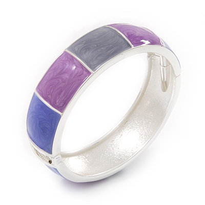 Grey/Pink/Purple Enamel Hinged Bangle Bracelet In Rhodium Plated Metal - 19cm Length - main view