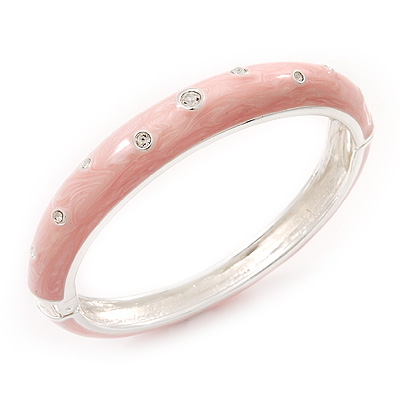 Light Pink Diamante Enamel Hinged Bangle Bracelet In Rhodium Plated Metal -17cm Length - main view