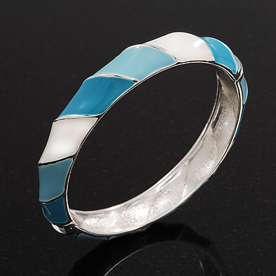Light Blue/White Enamel Twisted Hinged Bangle Bracelet In Rhodium Plated Metal - 19cm Length - main view