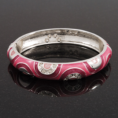 Pink Crystal Enamel Hinged Bangle Bracelet In Rhodium Plated Metal - 19cm Length - main view