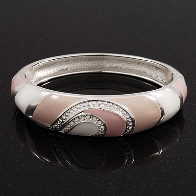 Pink/White/Beige Enamel Diamante Hinged Bangle Bracelet In Rhodium Plated Metal - 18cm Length - main view
