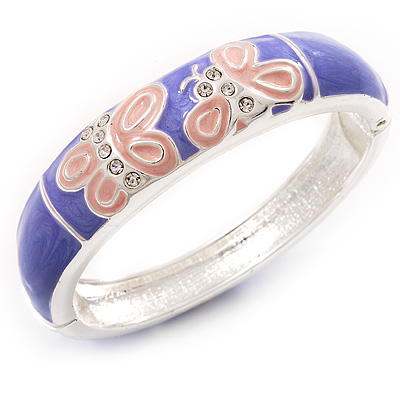 Lavender/Pink Enamel Hinged Butterfly Bangle In Rhodium Plated Metal - about 18cm Length