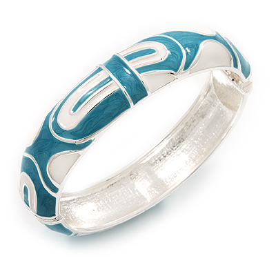 Light Blue/White Geometric Enamel Hinged Bangle Bracelet In Rhodium Plated Metal - 18cm Length - main view