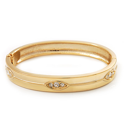 Gold Plated Oval Diamante Hinged Bangle Bracelet - 18cm Length - main view