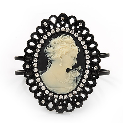 Large Diamante 'Classic Cameo' Hinged Bangle Bracelet In Black Metal - up to 18cm wrist - main view