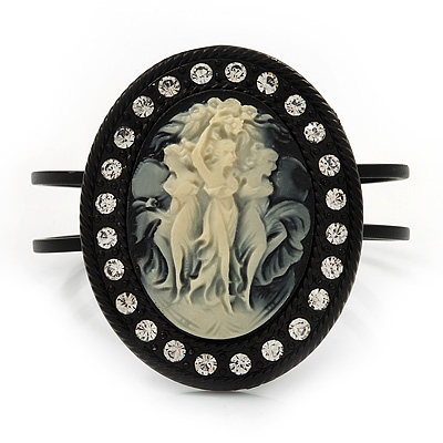 Large Simulated Pearl 'Cameo' Hinged Bangle Bracelet In Black Metal - up to 18cm wrist