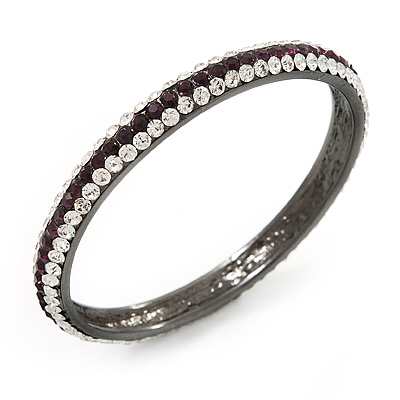 Purple/Clear Crystal Bangle Bracelet In Gun Metal Finish - up to 19cm length - main view