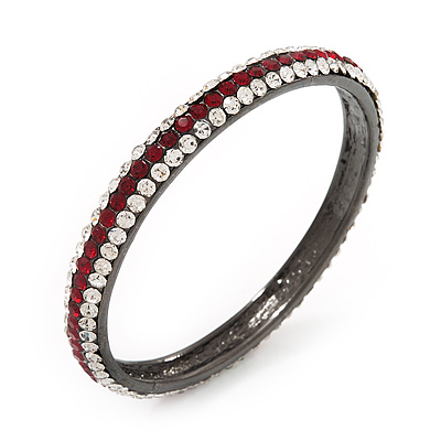Deep Red/Clear Crystal Bangle Bracelet In Gun Metal Finish - up to 19cm length - main view