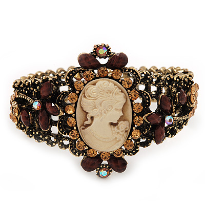Victorian Style Cameo Brown/Citrine Diamante Bangle Bracelet (Burn Gold Finish) - main view