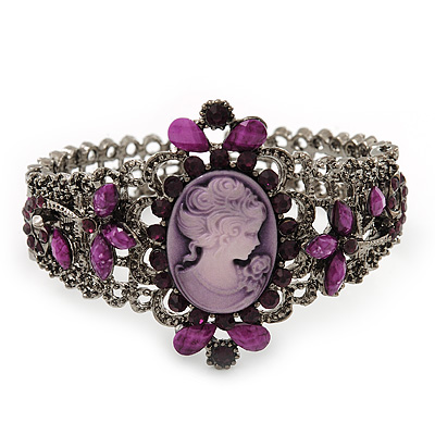 Victorian Style Cameo Purple Diamante Bangle Bracelet (Burn Silver) - main view