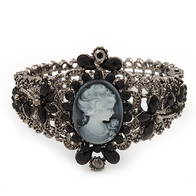 Victorian Style Cameo Black Diamante Bangle Bracelet (Gun Metal Finish) - main view