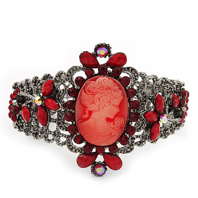 Victorian Style Cameo Red Diamante Bangle Bracelet (Gun Metal Finish) - main view