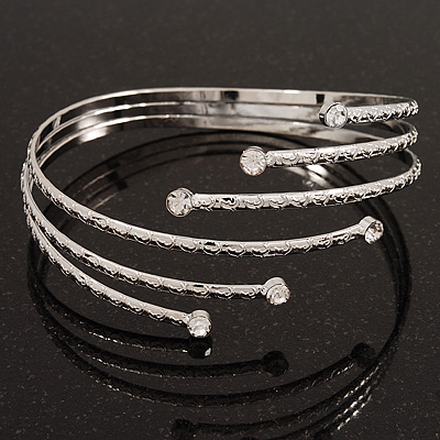 Rhodium Plated Crystal Textured Armlet Bangle - up to 29cm upper arm - main view