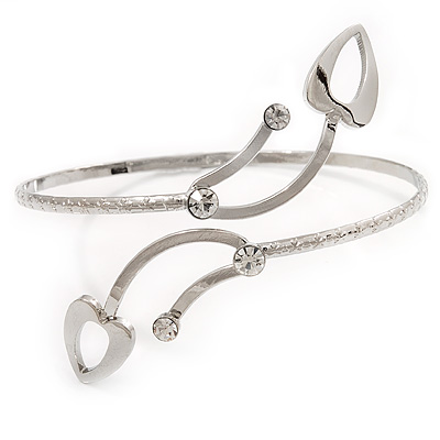 Silver Plated Textured Diamante 'Leaf' Armlet Bangle - Adjustable - main view