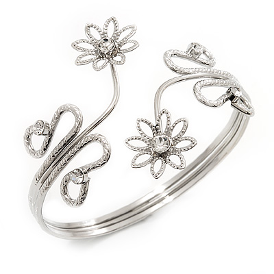 Rhodium Plated Textured 'Flowers & Twirls' Diamante Upper Arm Bracelet Armlet - Adjustable - main view