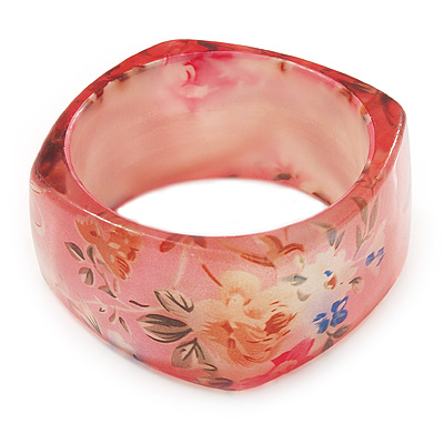 Pale Pink Floral Print Chunky Square Resin Bangle Bracelet - up to 18cm wrist - main view