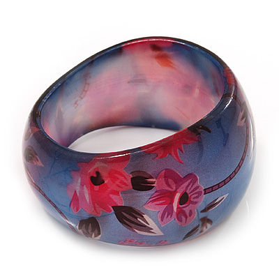 Blue/Pink Floral Print Chunky Resin Bangle Bracelet - up to 18cm wrist - main view