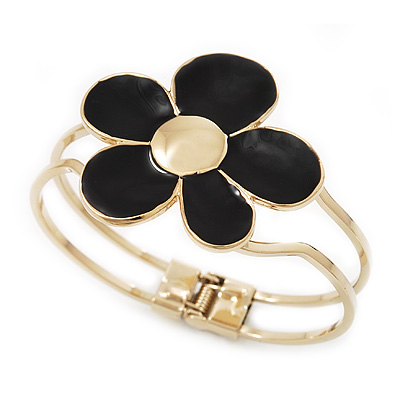 Black Enamel 'Daisy' Floral Hinged Bangle Bracelet In Gold Finish - up to 19cm wris