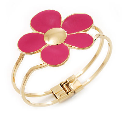 Bright Magenta Enamel 'Daisy' Floral Hinged Bangle Bracelet In Gold Finish - up to 19cm wris - main view