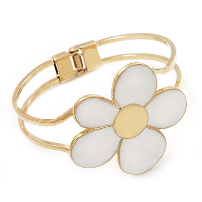White Enamel 'Daisy' Floral Hinged Bangle Bracelet In Gold Finish - up to 19cm wris - main view