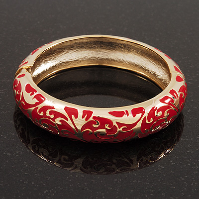 Gold Plated Red Enamel Swirl Patten Hinged Bangle Bracelet -17cm Length - main view