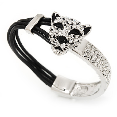Silver Tone Diamante 'Tiger' Leather Cord Bracelet - 17cm Length - main view