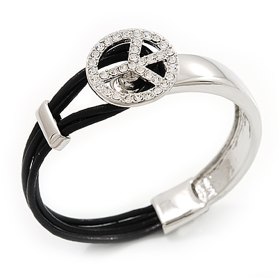 Silver Tone Diamante 'Peace' Leather Cord Bracelet - 17cm Length - main view