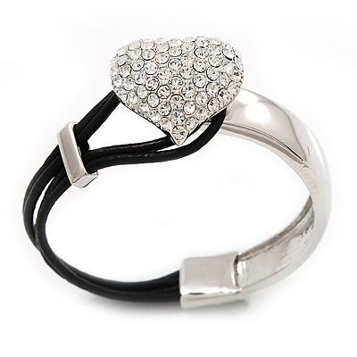 Silver Tone Diamante 'Heart' Leather Cord Bracelet - 17cm Length