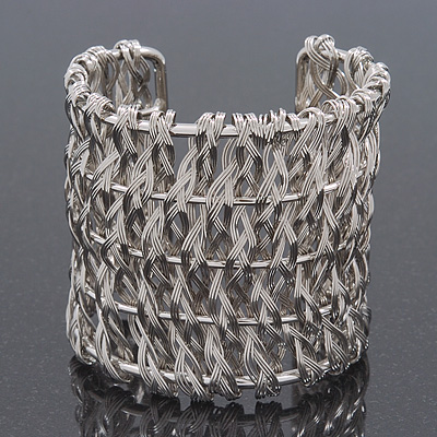 Wide 'Woven' Wire Cuff Bracelet In Silver Tone - up to 19cm wrist - main view