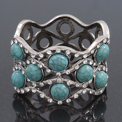 Turquoise Stone Crystal Hinged Bangle Bracelet In Burn Silver Metal - Up 18cm Wrist - main view