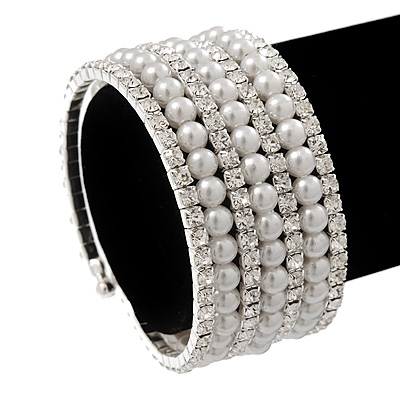 Wide Imitation Pearl Beaded & Clear Swarovski Crystal Coil Flex Bangle Bracelet - Adjustable - main view