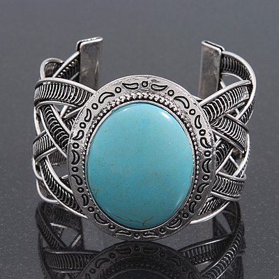 Vintage Turquoise Style Oval Cuff Bracelet In Antique Silver Metal - Adjustable - main view