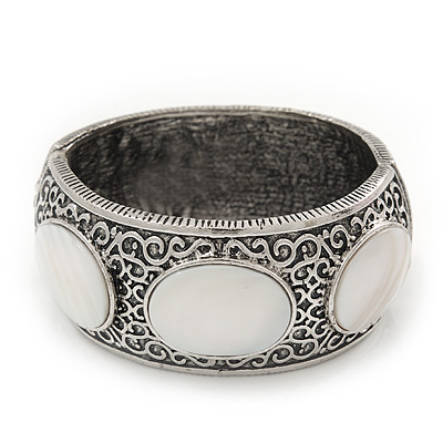 Burn Silver Effect White Shell Hammered Hinged Bangle - up to 19cm wrist - main view