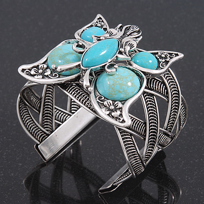 Vintage Turquoise Stone 'Butterfly' Cuff Bracelet In Antique Silver Metal - Adjustable - main view