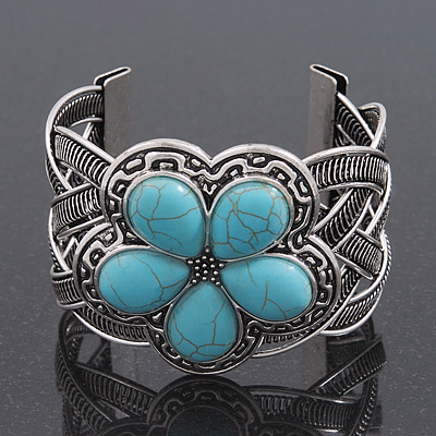 Vintage Turquoise Style 'Flower' Cuff Bracelet In Antique Silver Metal - Adjustable - main view