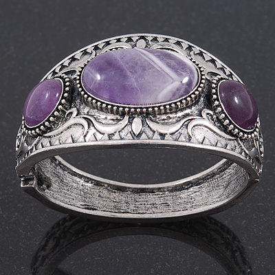 Burn Silver Effect Amethyst Hammered Hinged Bangle - up to 19cm wrist - main view