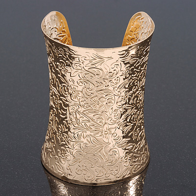 Wide Gold Plated Textured Egyptian Style Cuff Bracelet - 10cm Width - main view