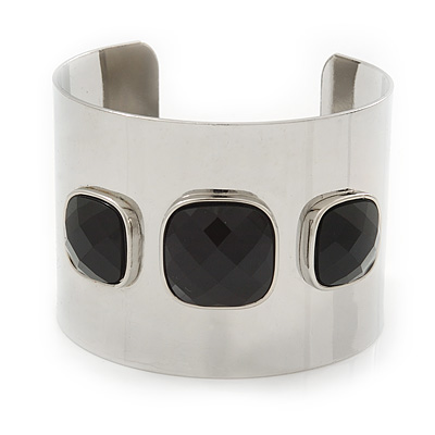 Wide Polished Cuff With Black Acrylic Stones In Silver Plating - Up to 20cm Wrist - main view