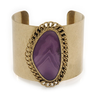 Vintage Burnished Gold Purple Epoxy Bead Cuff Bracelet - 5cm Width/ 20cm Length - main view