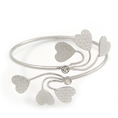 Silver Plated Textured Diamante 'Heart' Armlet Bangle - Adjustable