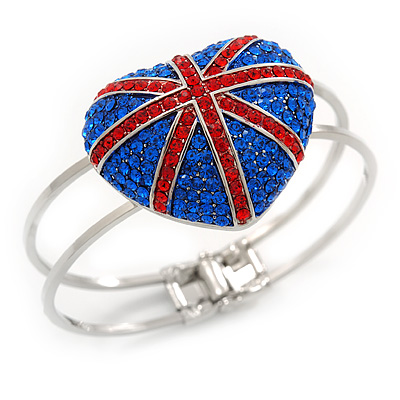 Swarovski Crystal Union Jack 'Heart' Hinged Bangle In Silver Plating - Up to 19cm Wrist - main view